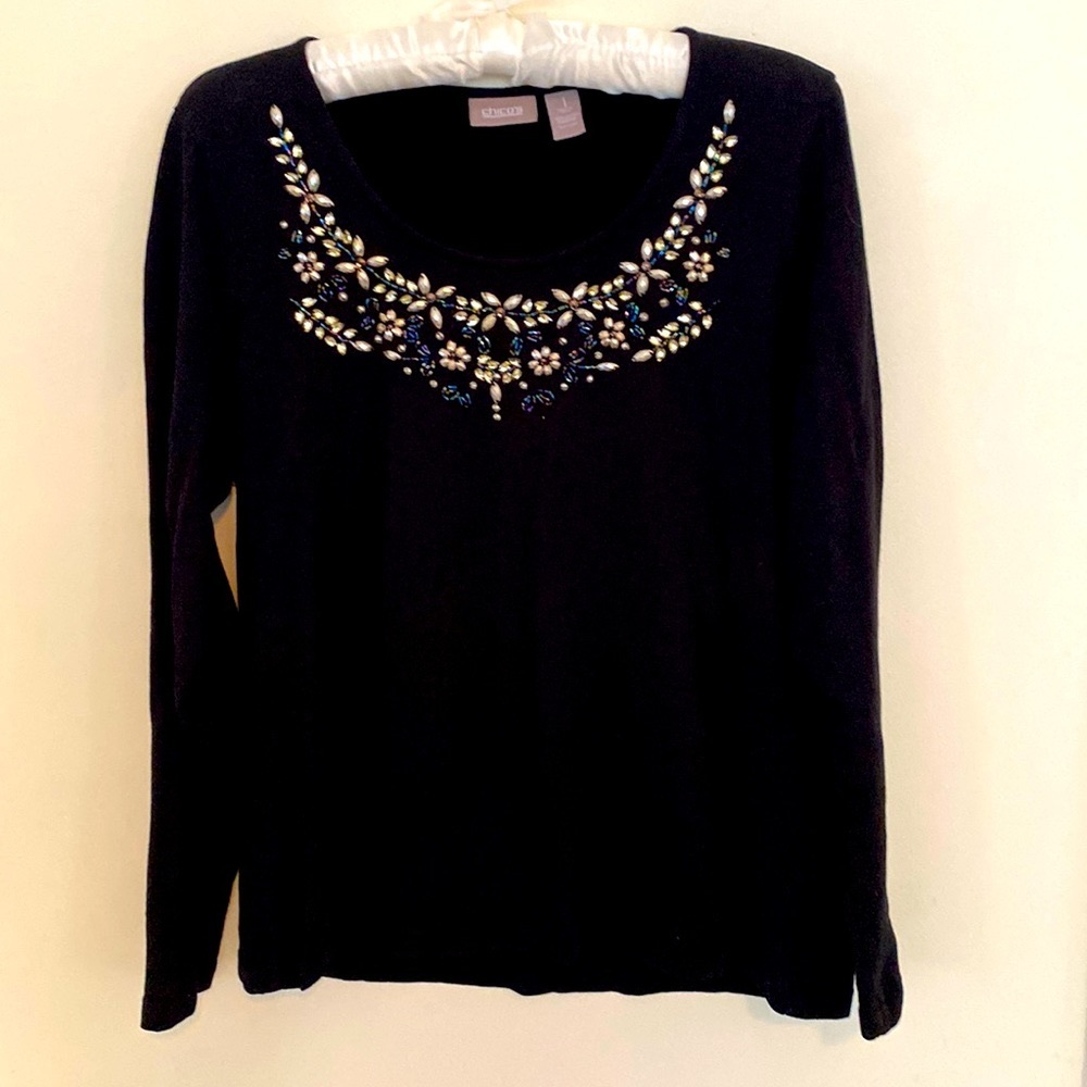 Chico’s Beaded Neckline Top Black size 1 Long Sleeve 100% cotton Lightweight